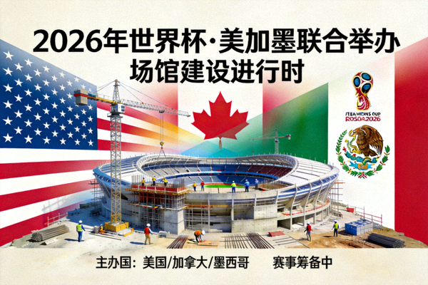 2026年将由美国、加拿大、墨西哥联合举办世界杯的场馆建设与宣传海报
