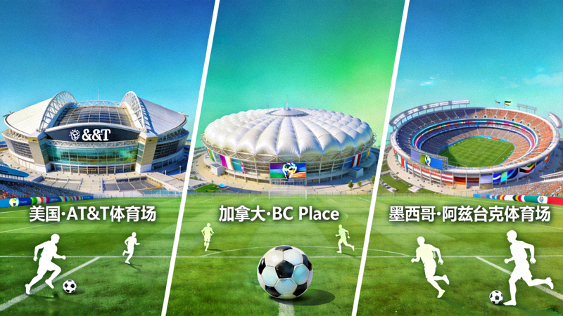 2026年世界杯概念图，展示美国、加拿大、墨西哥三国的标志性体育场与足球元素